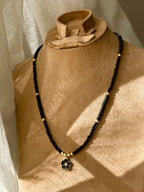 Black Crystals and Heishi Beads Flower Necklace