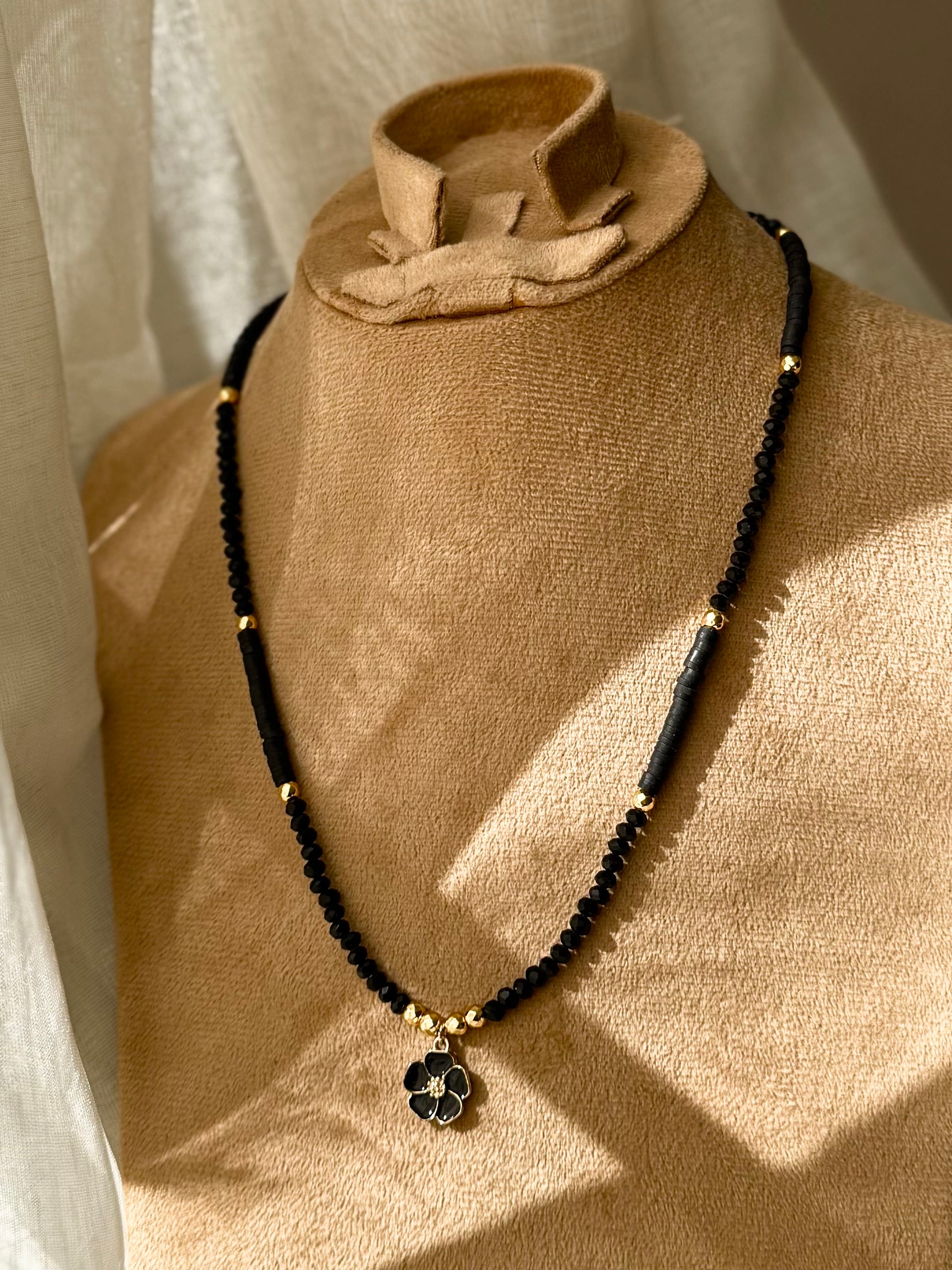 Black Crystals and Heishi Beads Flower Necklace
