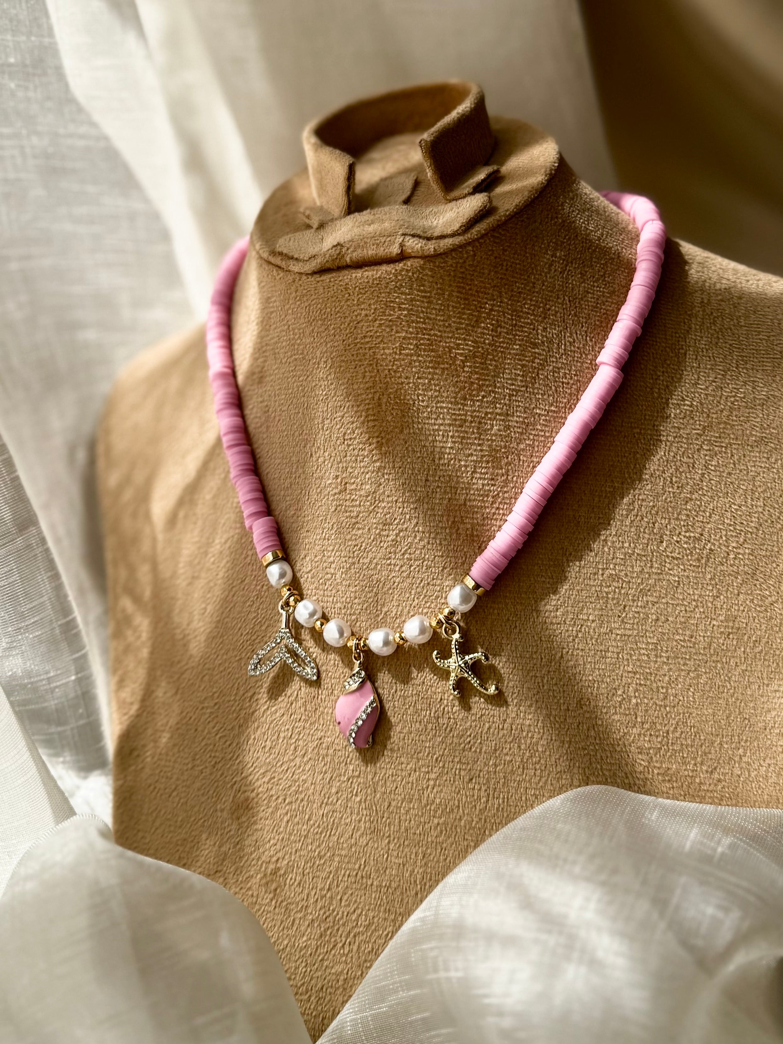 Mermaid Tail, Seashell and Starfish Heishi Beads Charm Necklace