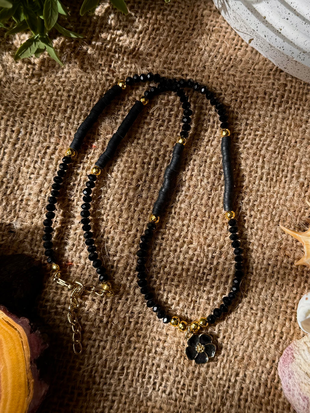 Black Crystals and Heishi Beads Flower Necklace
