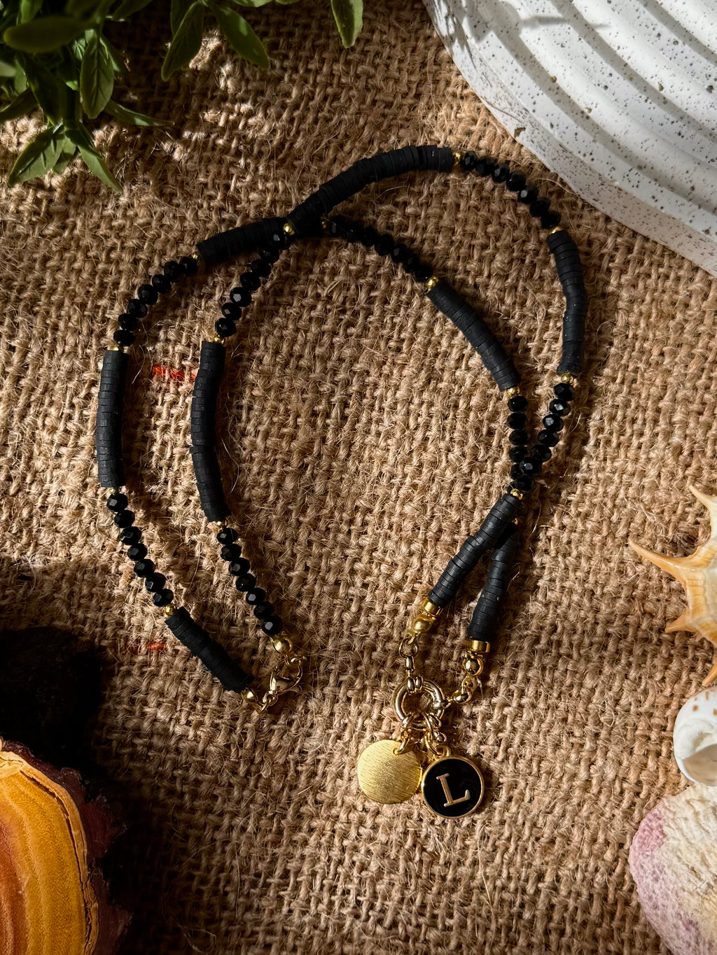 Black Crystals and Heishi Beads Initial Necklace