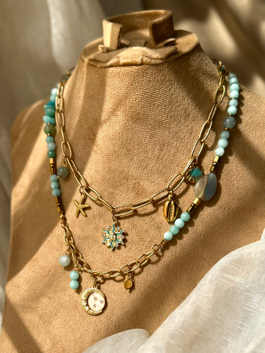 Agate, Chip Stone and Stainless Steel Necklaces Set