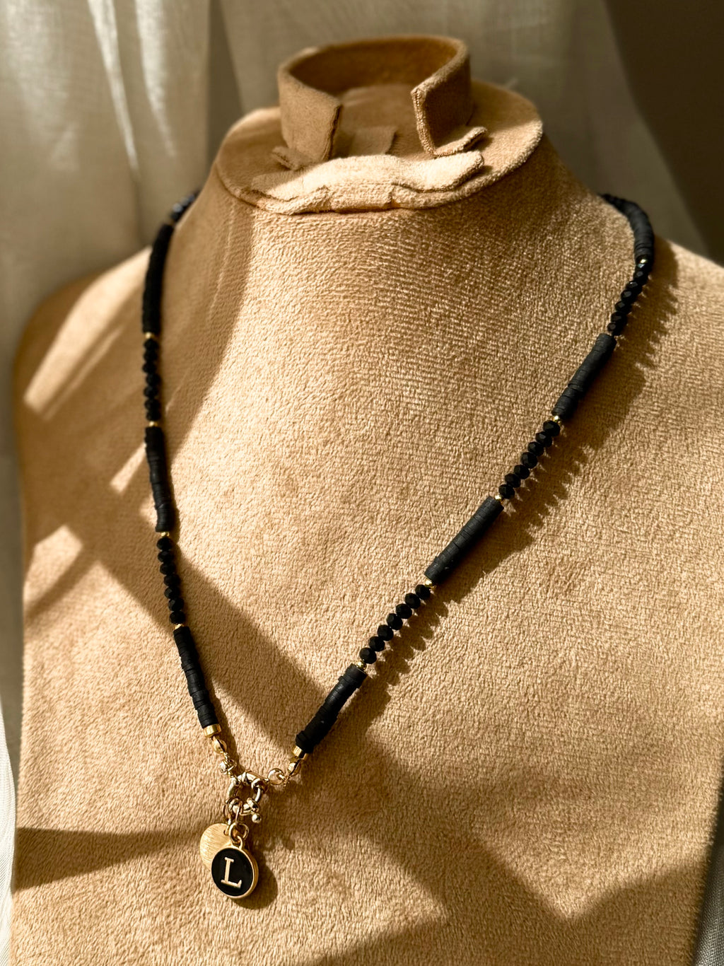 Black Crystals and Heishi Beads Initial Necklace